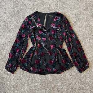Dalia Burnout Floral Velvet Airy Mesh Blouse Whimsygoth Dark Romantic